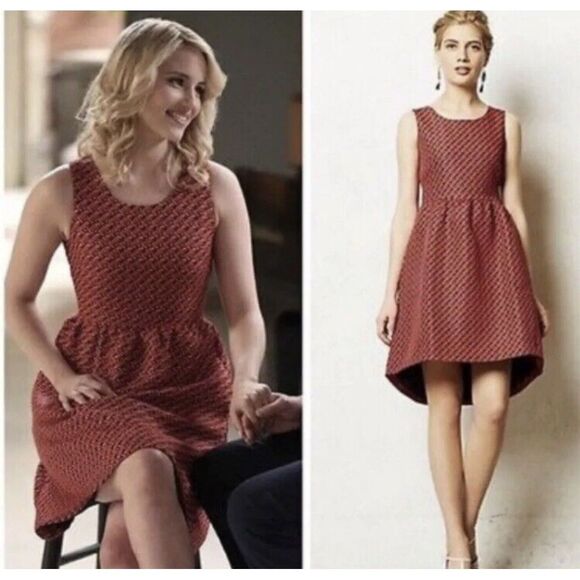 Anthropologie Lili Wang For Lili's Closet Sleeveless Geo Jacquard Hi Low Dress 8 - Picture 1 of 7